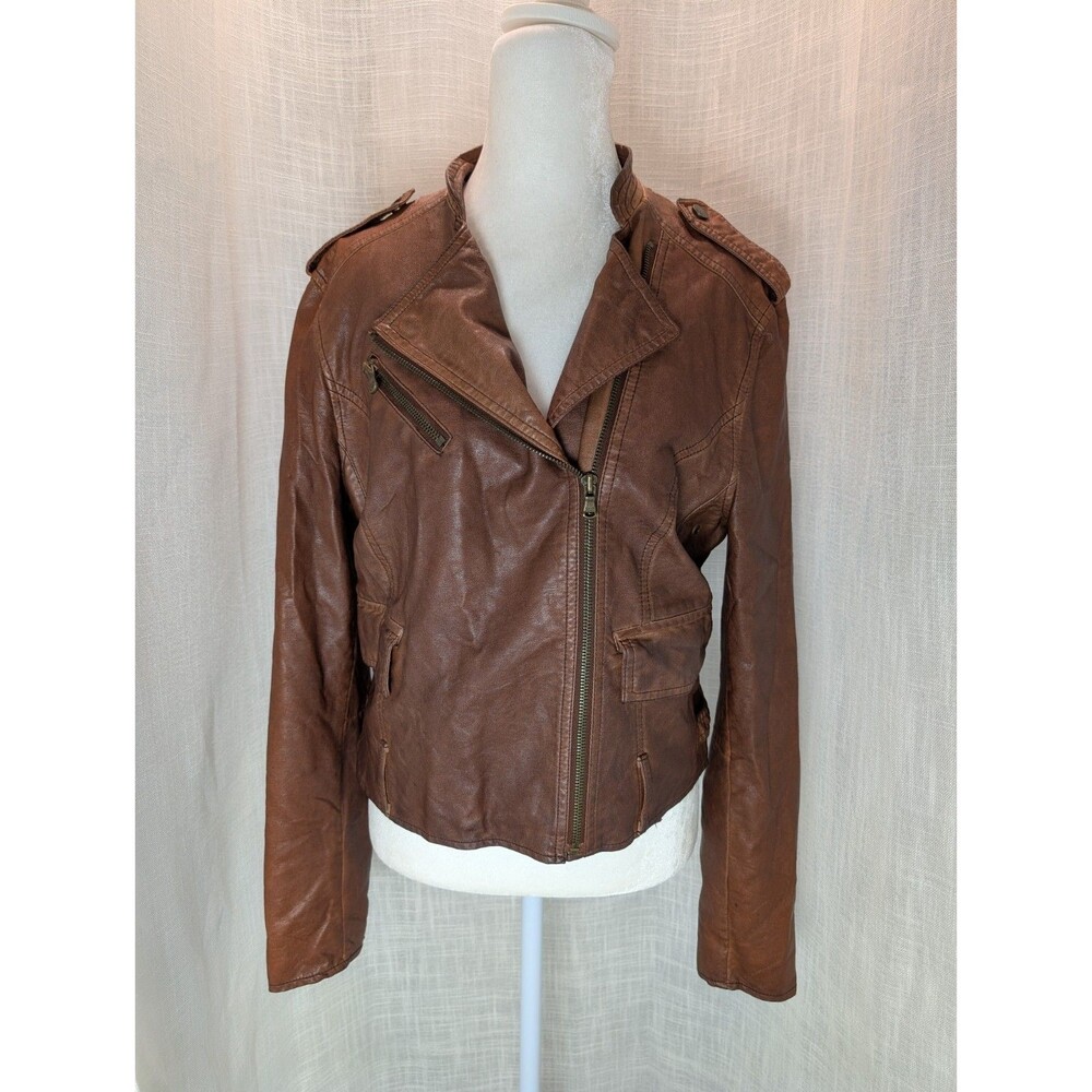 Black Rivet Womens Brown Faux Leather Moto Jacket Size Medium